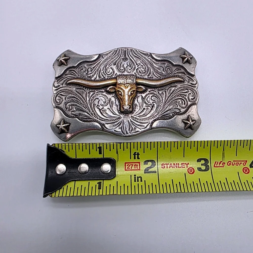 Tony Lama Silver Engraved Belt Buckle Longhorn Steer Corner Stars